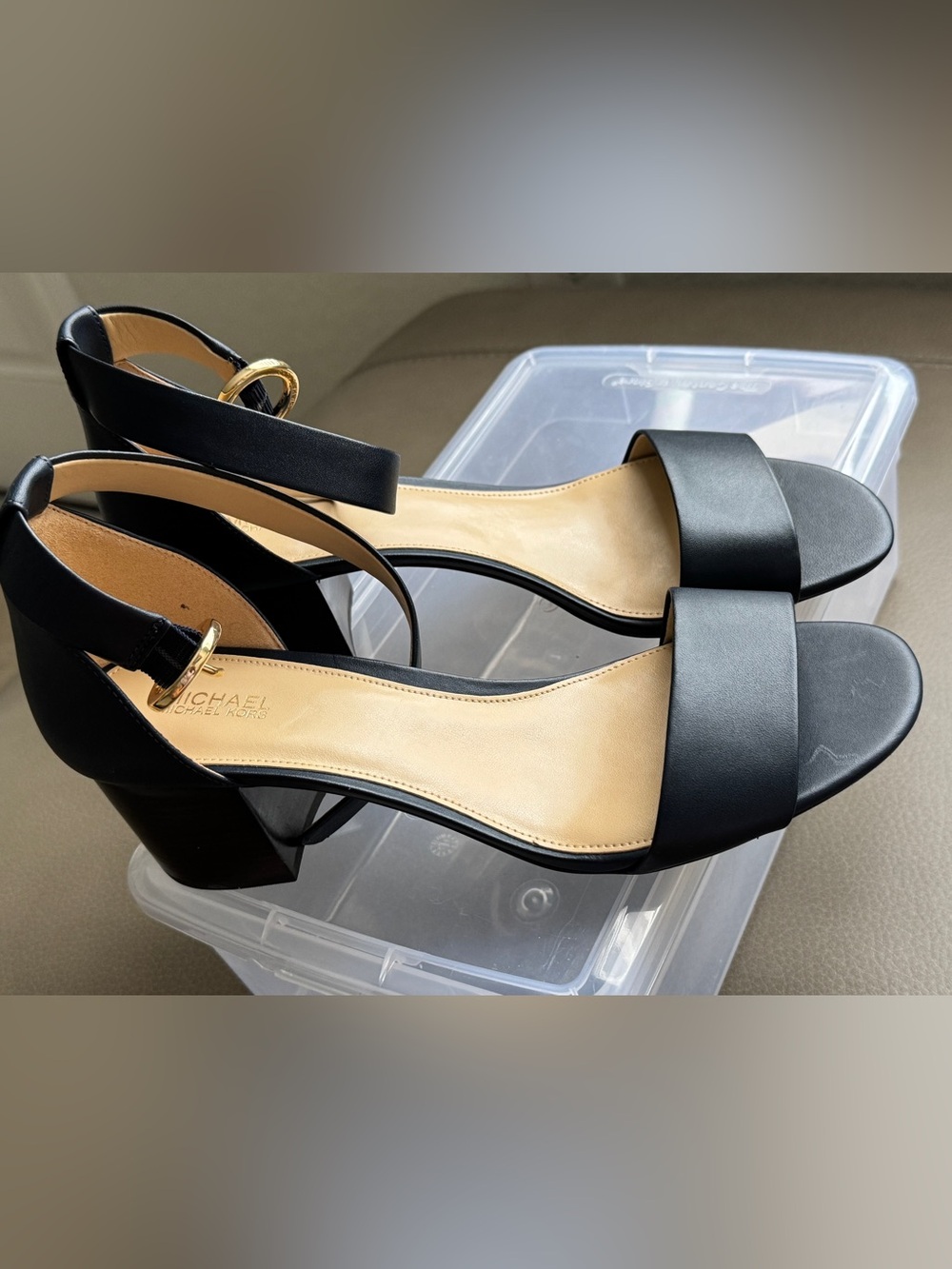 Michael Kors Black Leather Block Heel Mules NEW; dark blue color.